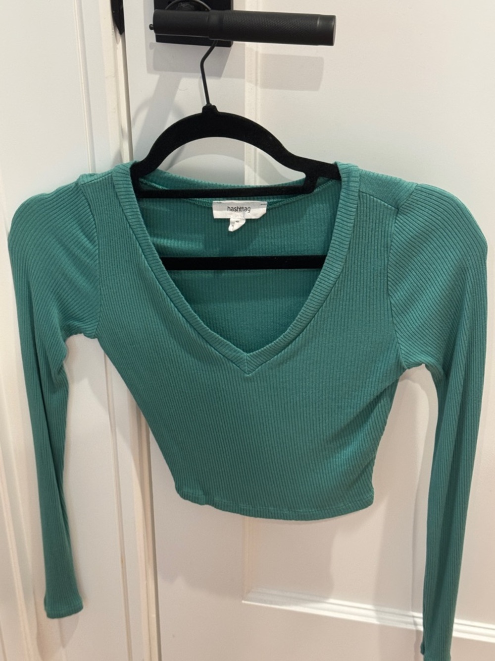 Hashtag Teal Ribbed V-Neck Long Sleeve Crop Top